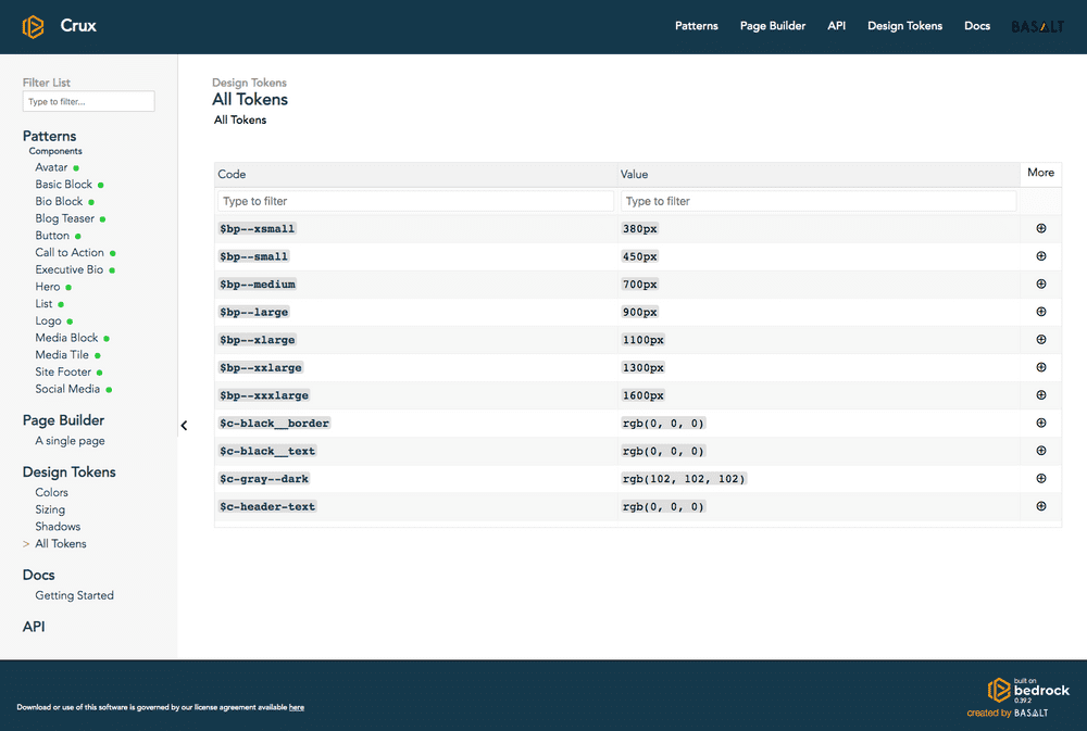 Screenshot of Basalt Crux design system token page