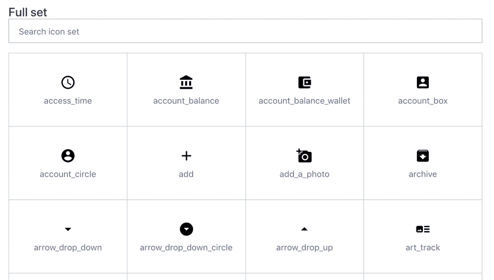 Kalo design system's icon page with search