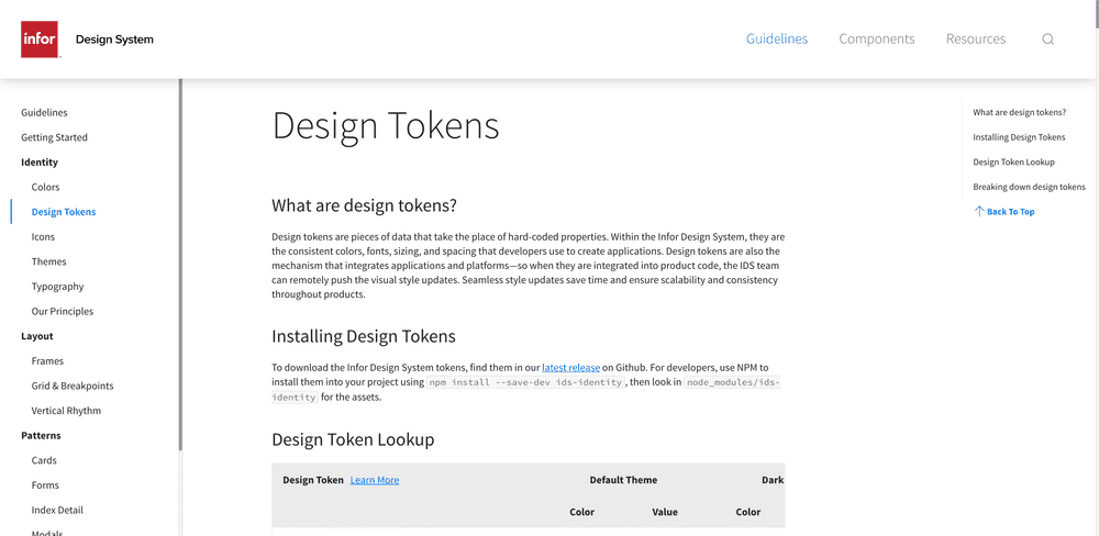 Screenshot of Infor design system token page