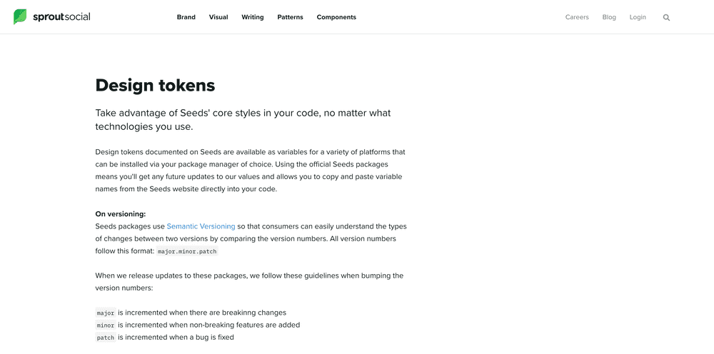 Screenshot of Sprout Social Seeds design system token page