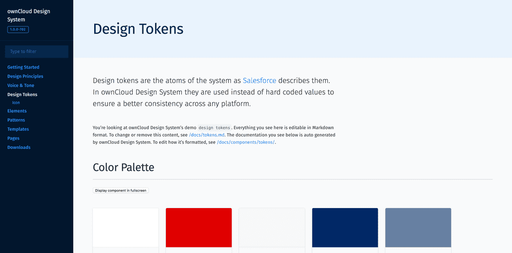 Screenshot of Owncloud design system token page